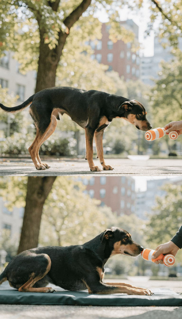 "Two-step training setup: toy lure guiding dog into down on mat"