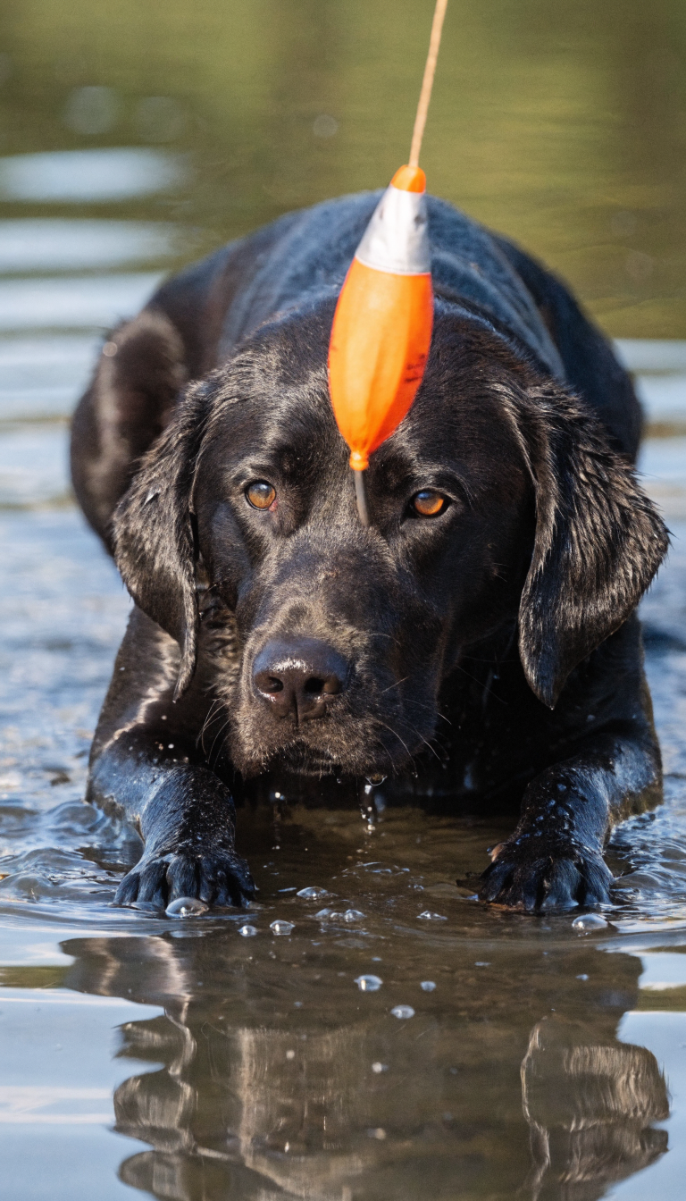"Close-up of dog following lure to down position, focused eyes"
