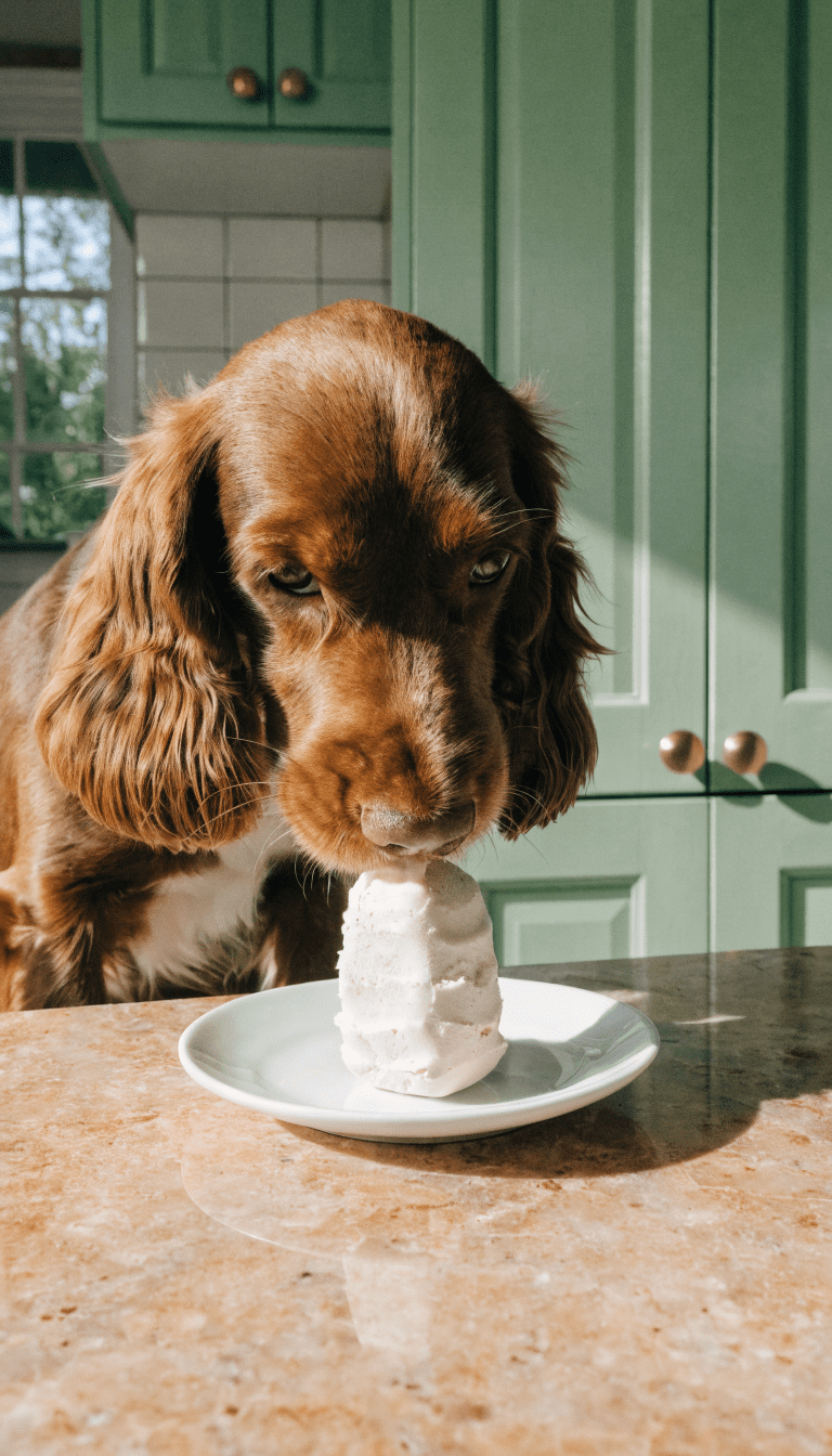 "Dog tasting small coconut milk lick, kitchen counter"