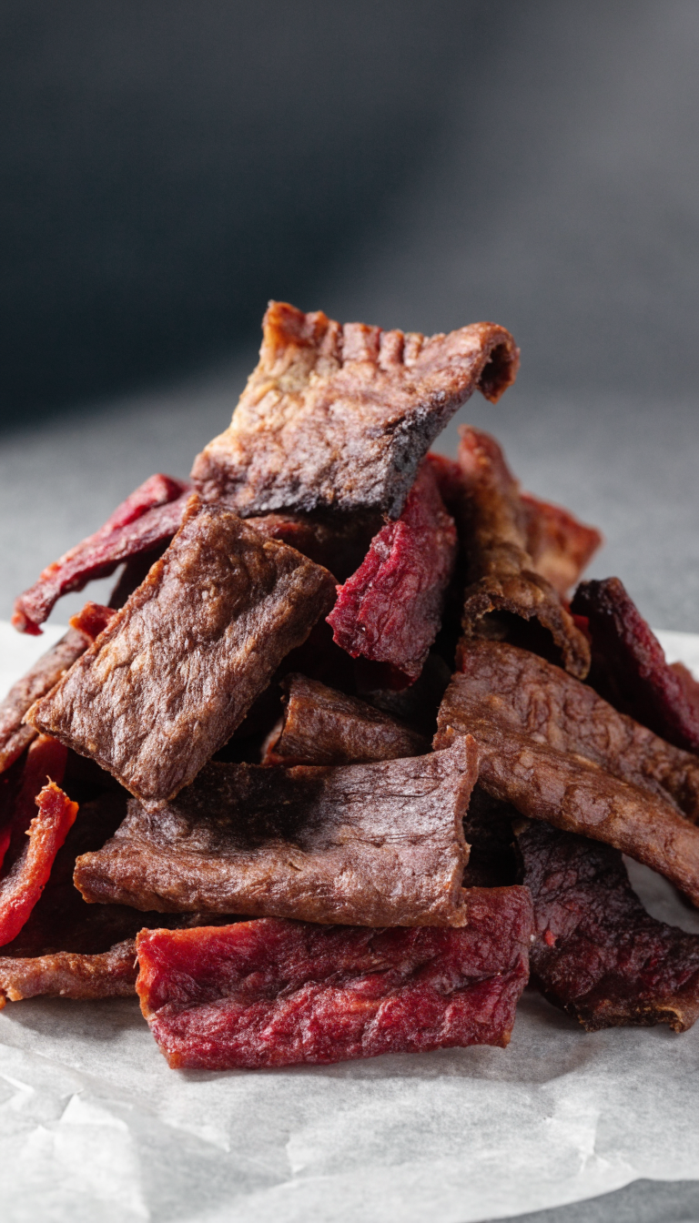 "oven-baked dog jerky strips on parchment";