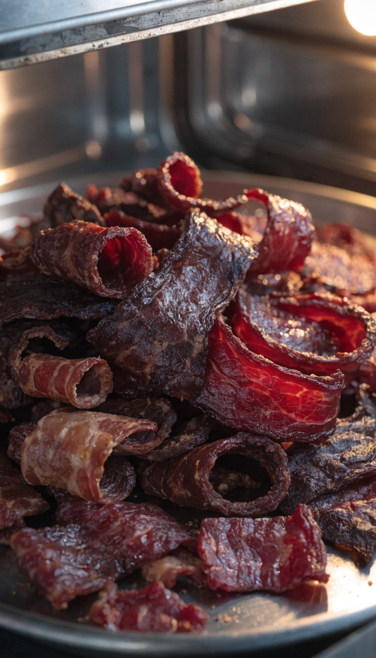 "close-up of beef jerky slices drying in oven light";