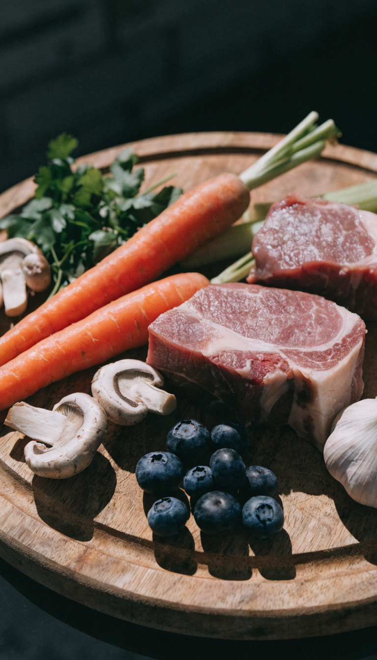 "wooden cutting board with raw dog-safe ingredients";