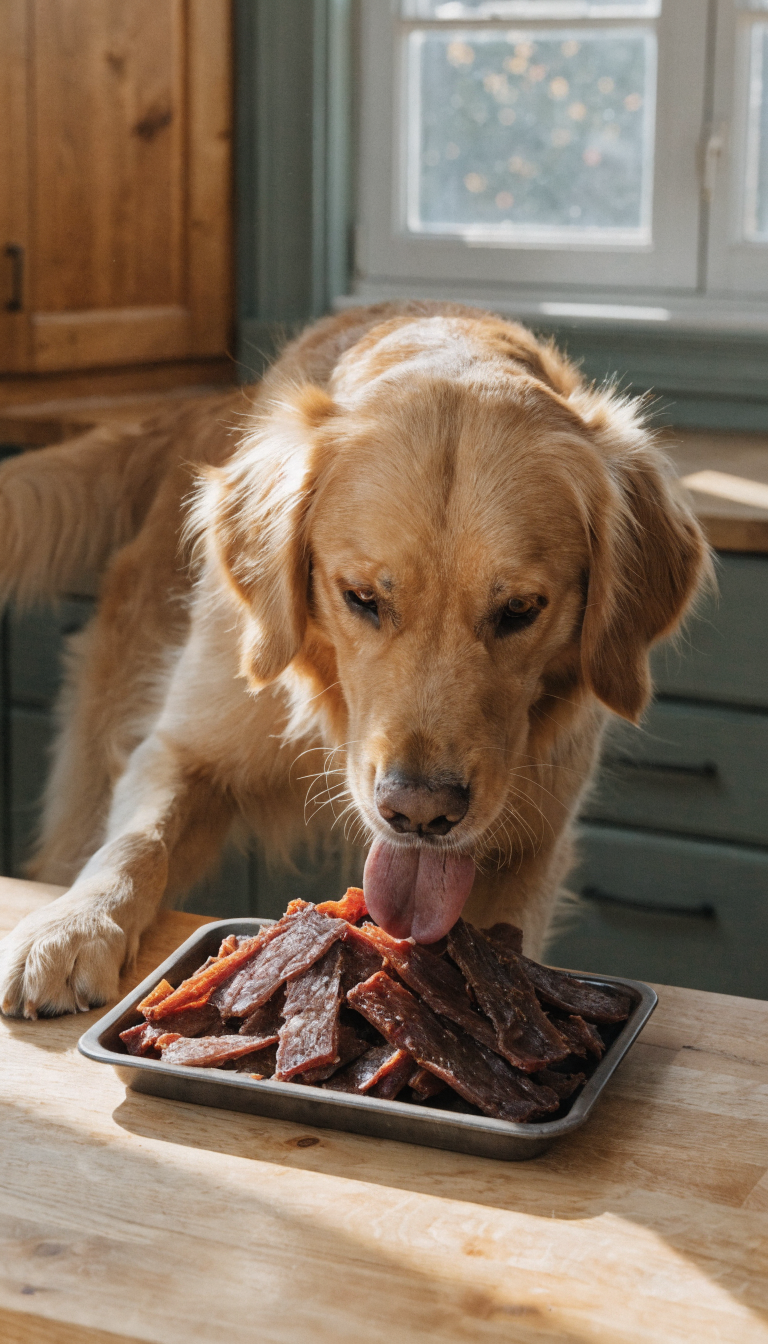 "golden retriever tongue out, sniffing jerky tray"