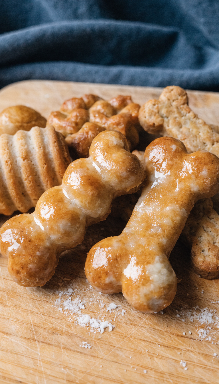 "coconut oil dog treats on wooden board, glossy finish"