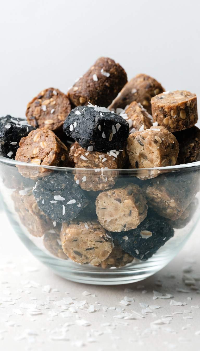 "bowl of dog treats with coconut flakes, soft studio light"