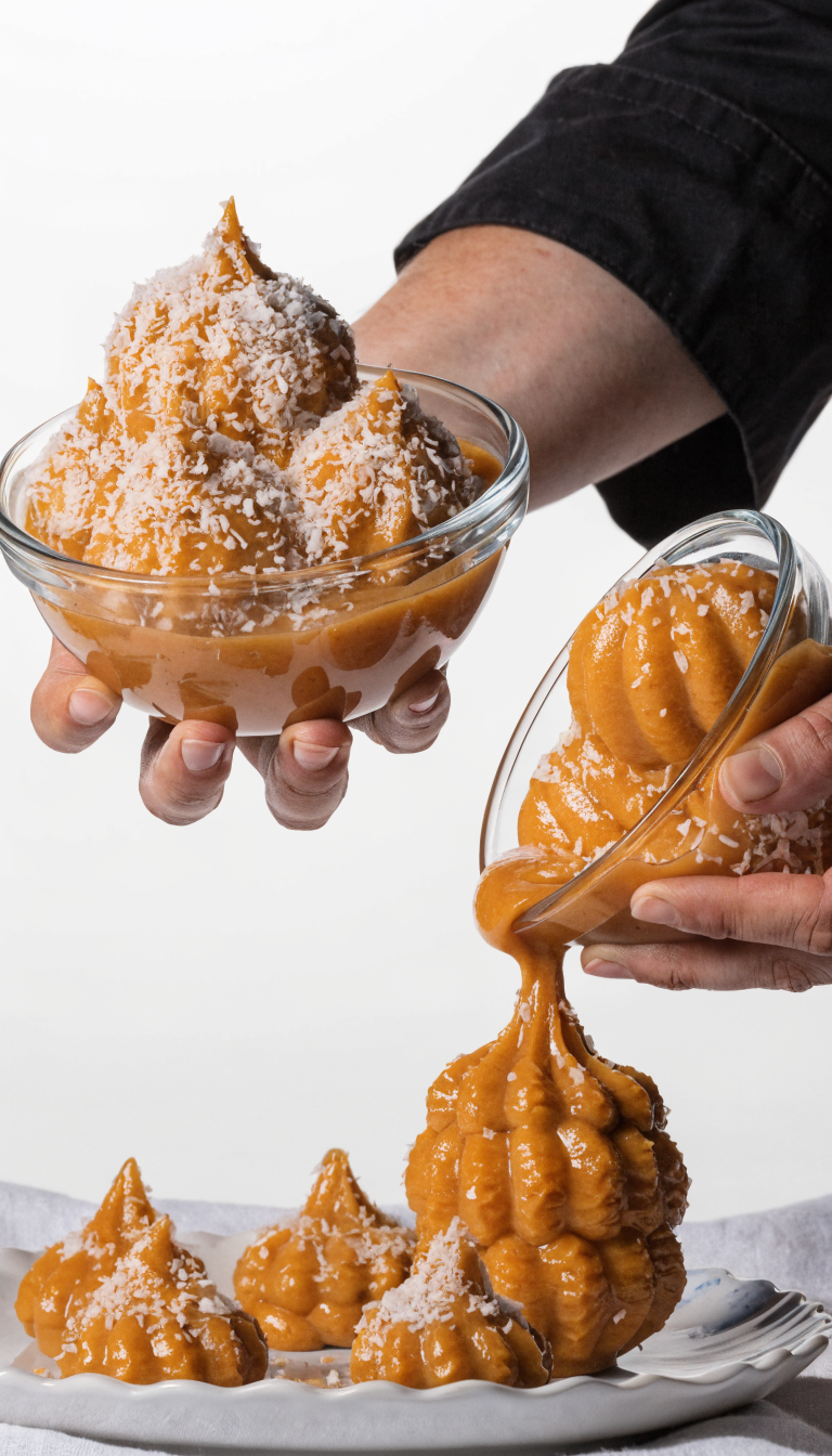 "chef-style hands piping coconut-oil treats, clean white backdrop"