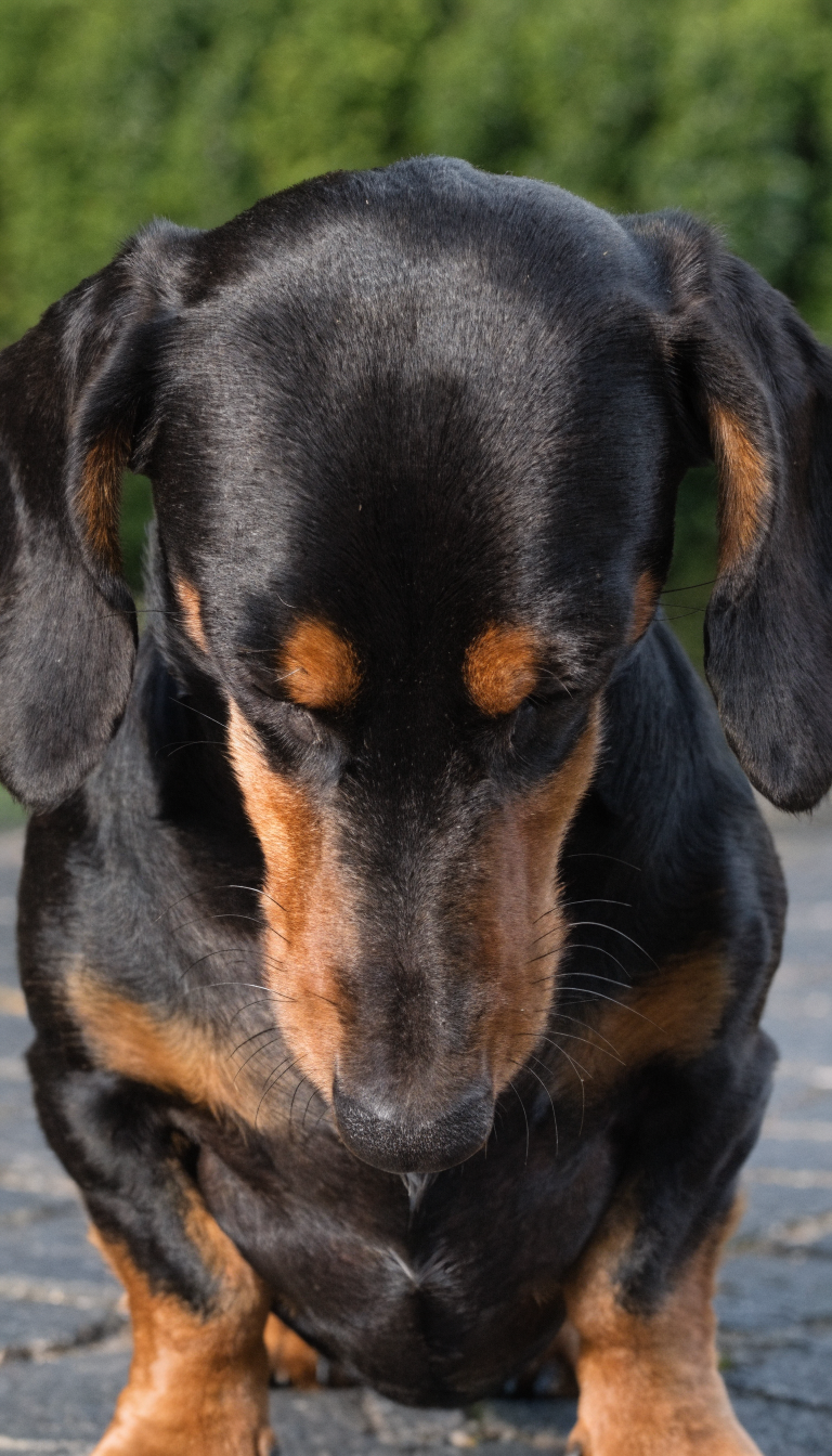 "dachshund sniffing himself close-up portrait"