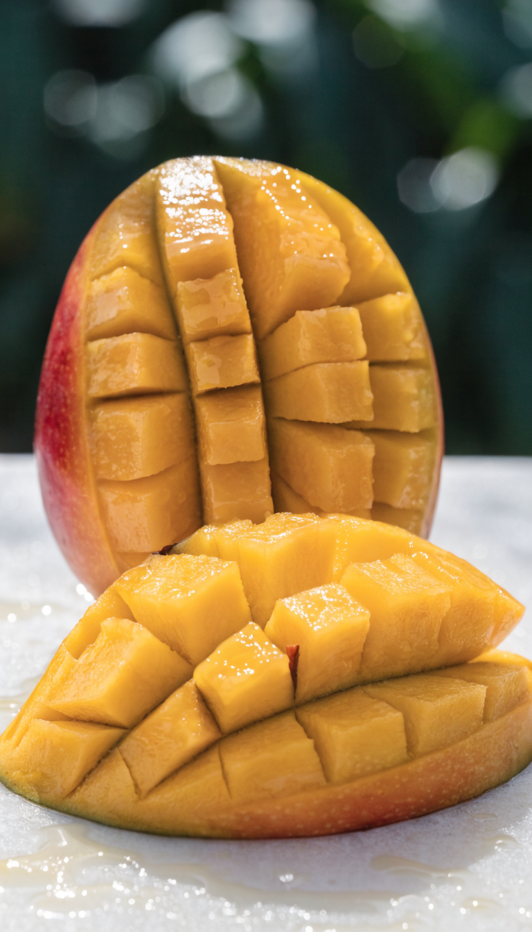 "ripe mango halves on white cutting board"