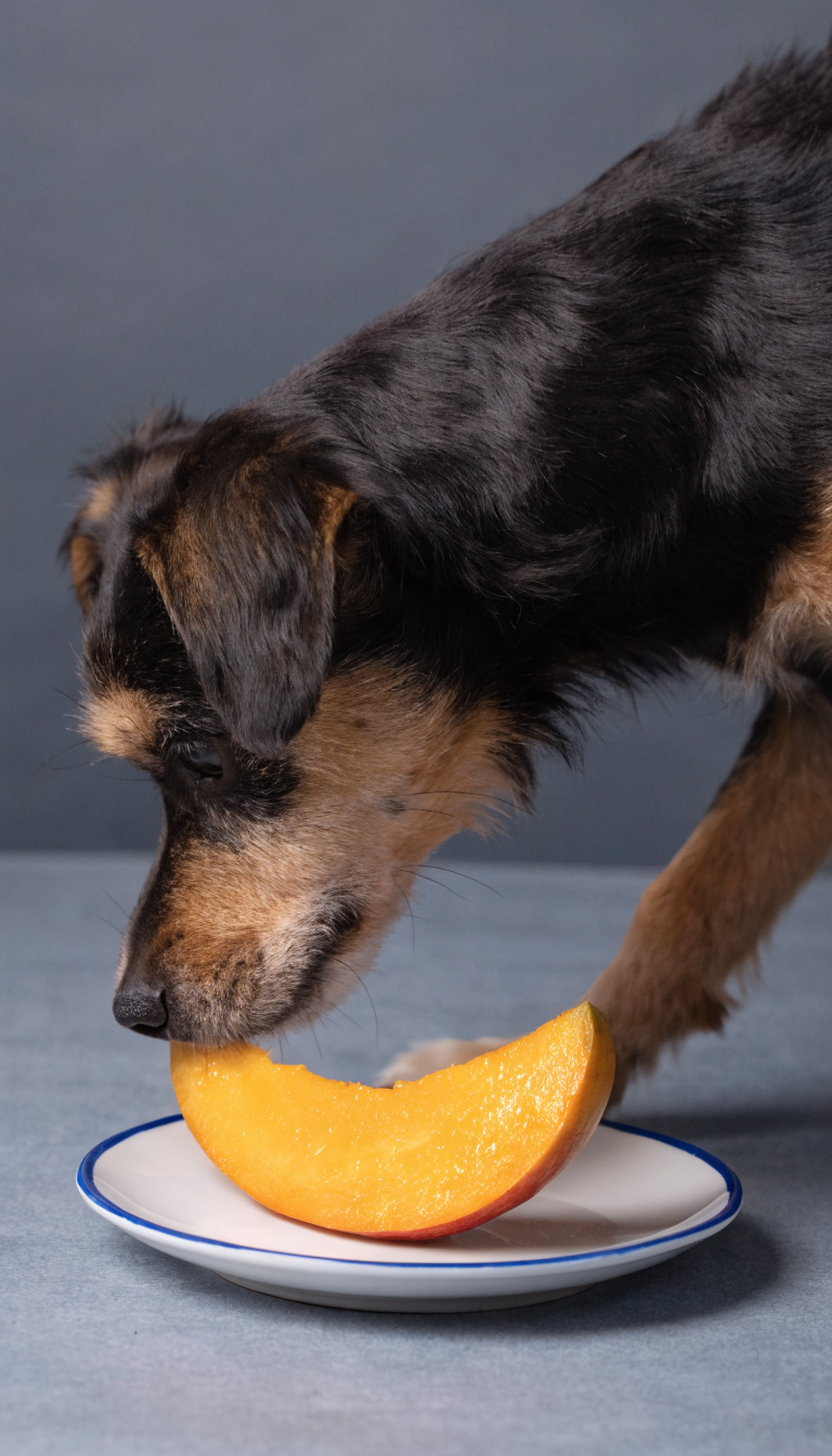 "small dog sniffing mango slice, neutral background"