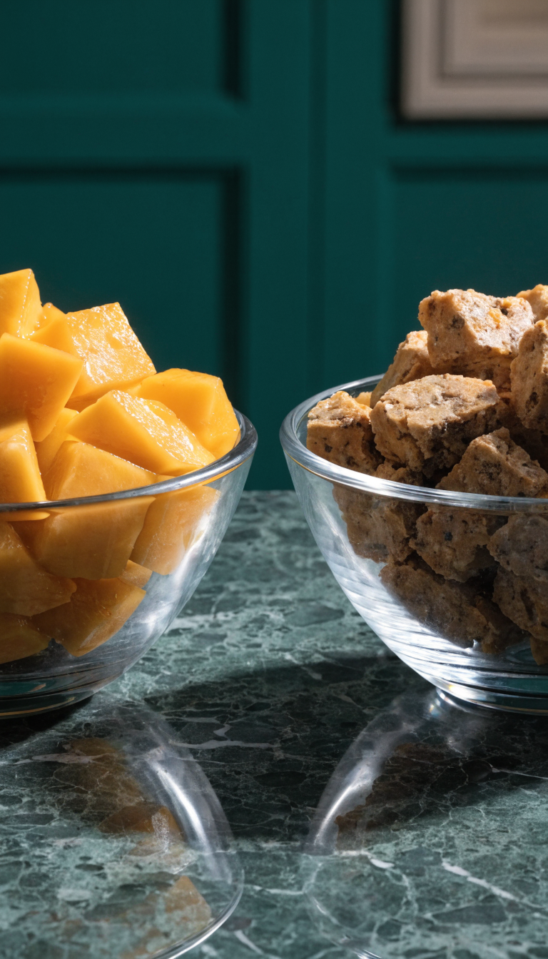 "bowls of diced mango and dog treats side-by-side"