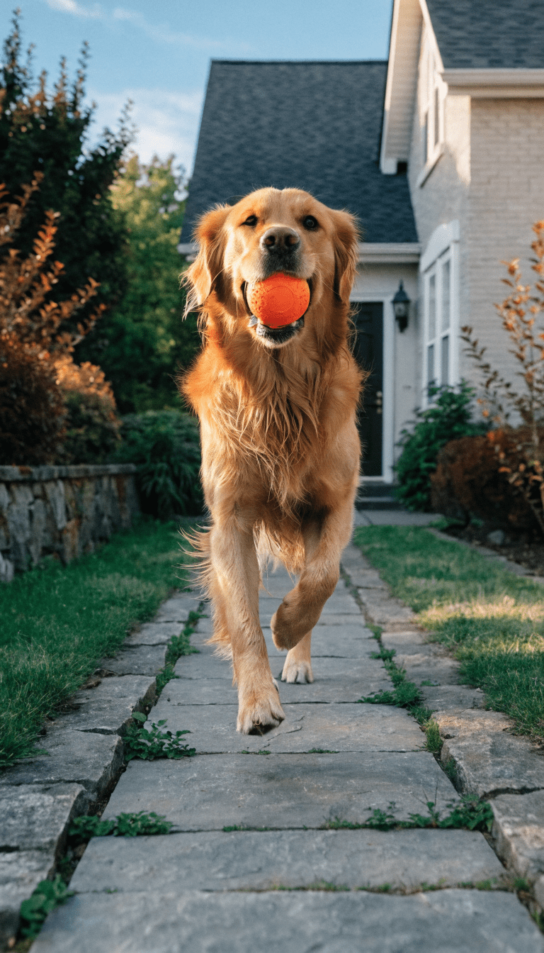 "golden retriever with ball in backyard, clear path"