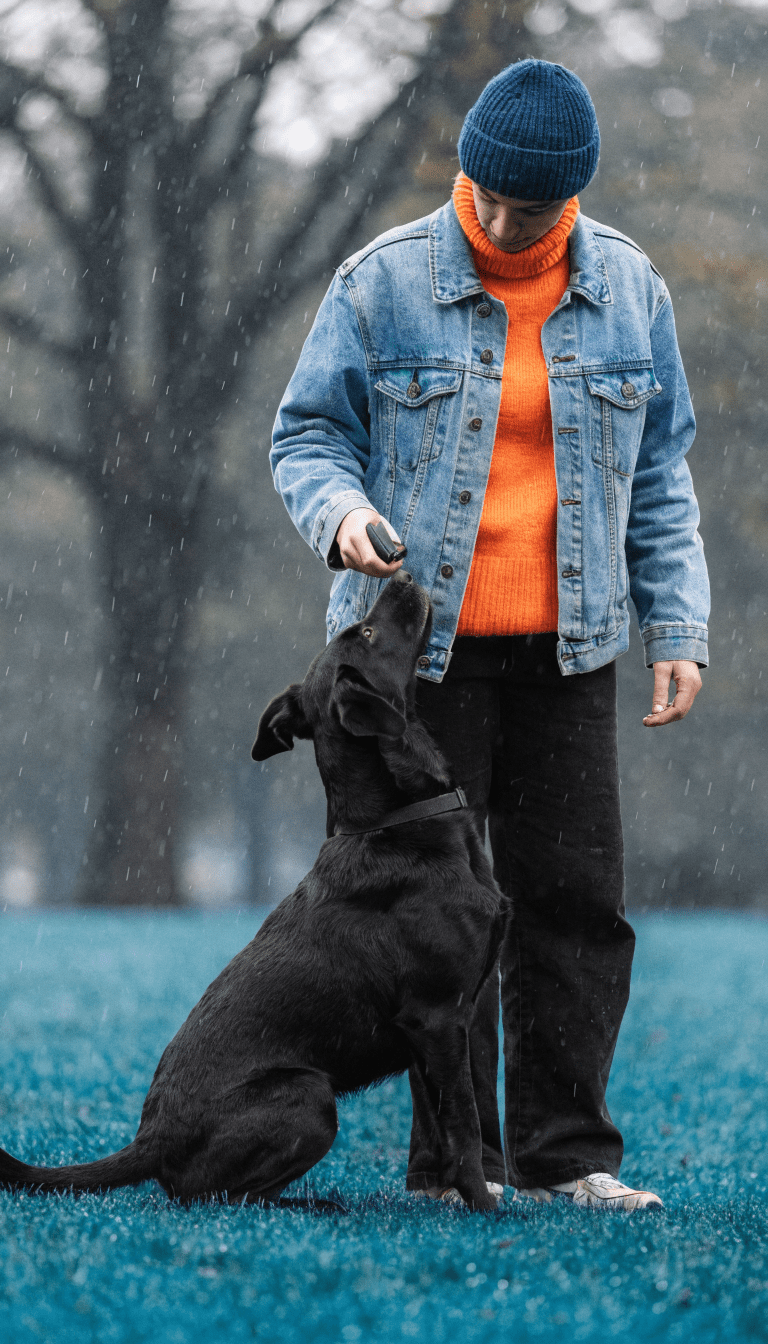 "person using clicker, blue grassy park, dog ready"