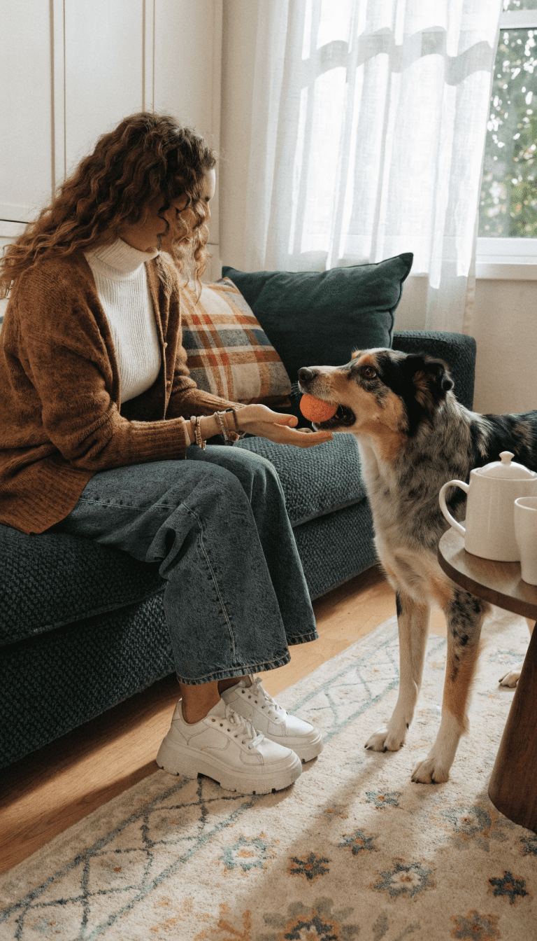 "dog returning toy to trainer, calm living room setup"