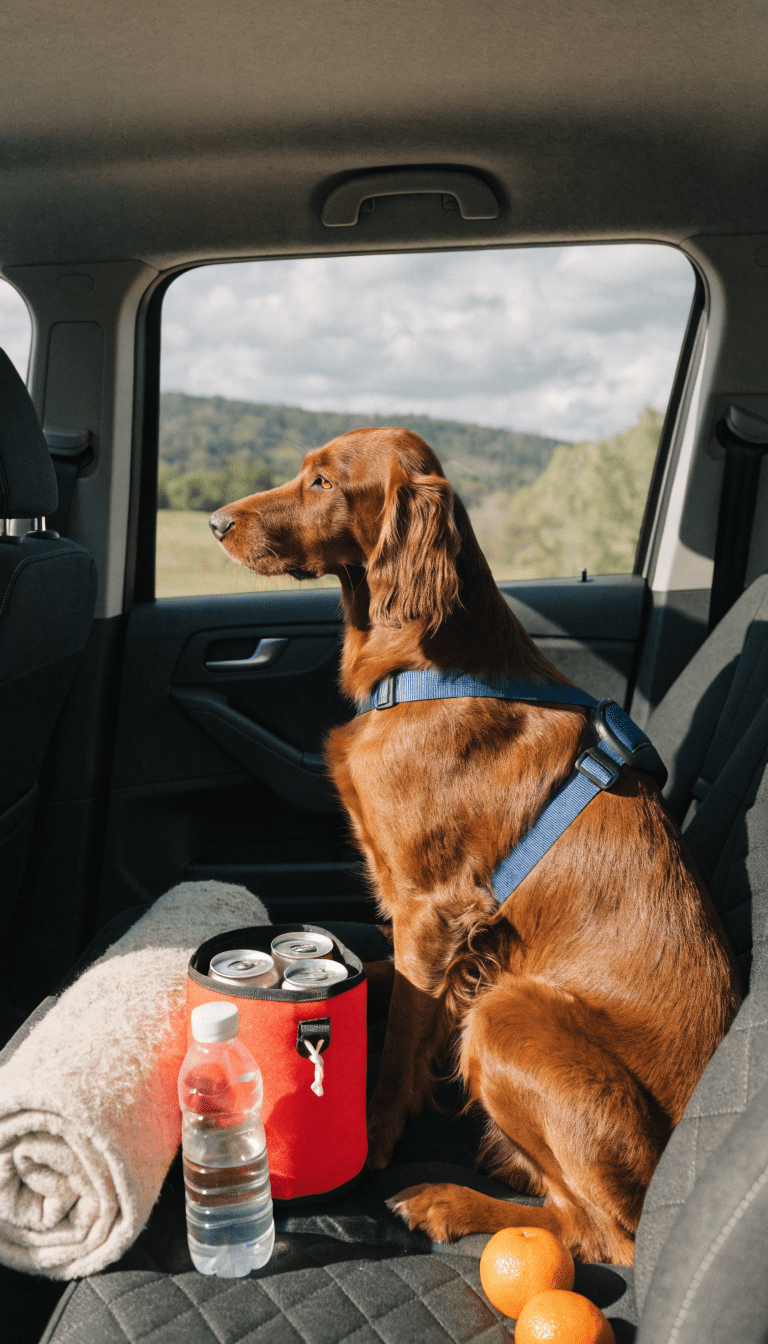 "dog in car seat with harness, road trip essentials nearby"