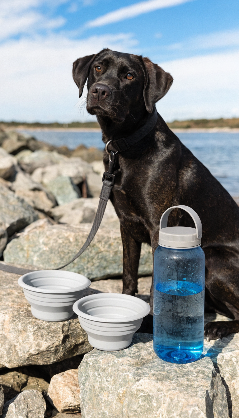 "collapsible bowls and water bottle beside leashed dog"