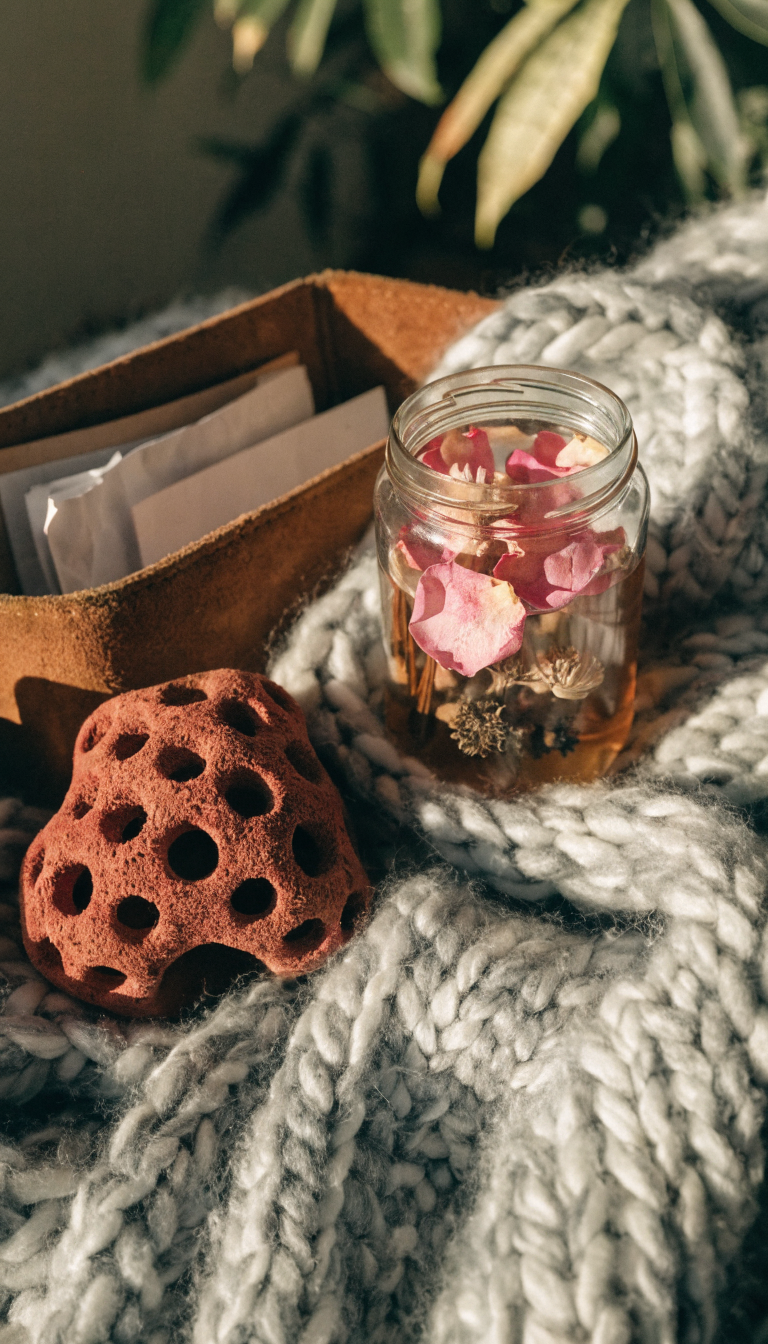 "cozy blanket with scent, chew toy, file of vet records"