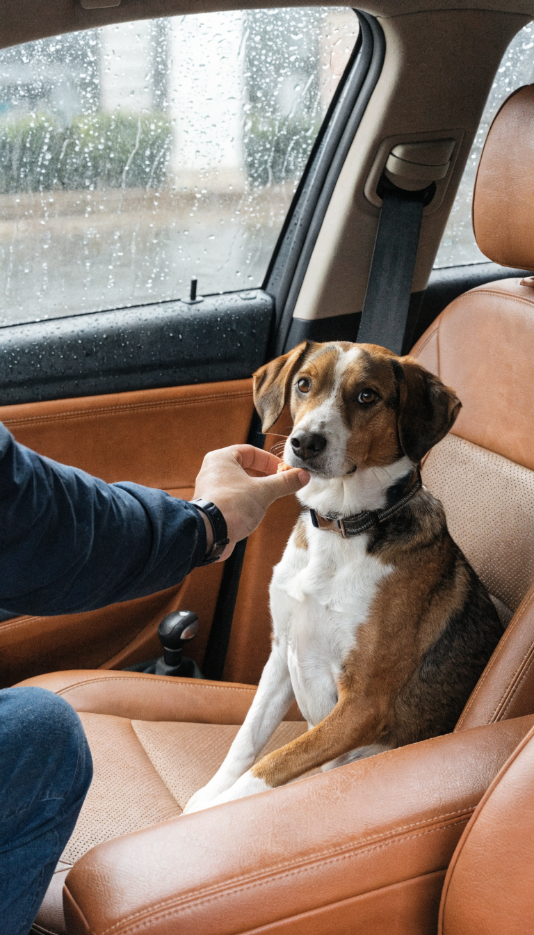 "pre-trip ritual: dog receiving snack reward during car practice"