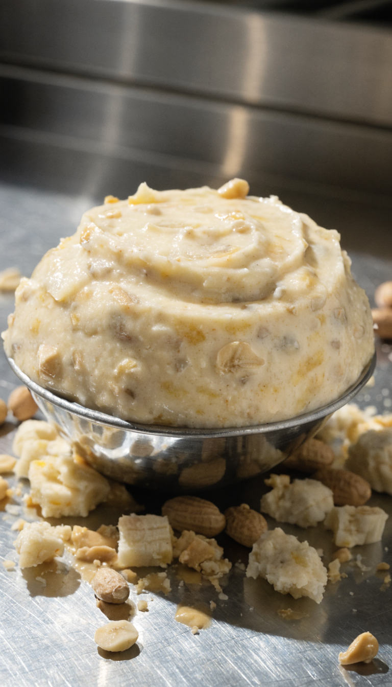 "Banana-peanut dough scoop on stainless steel counter"