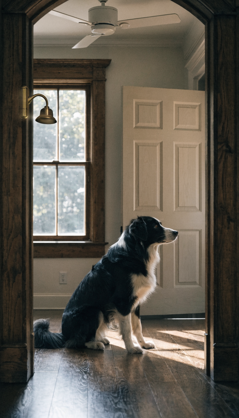 "Dog hearing doorbell with calm cue poster in doorway"