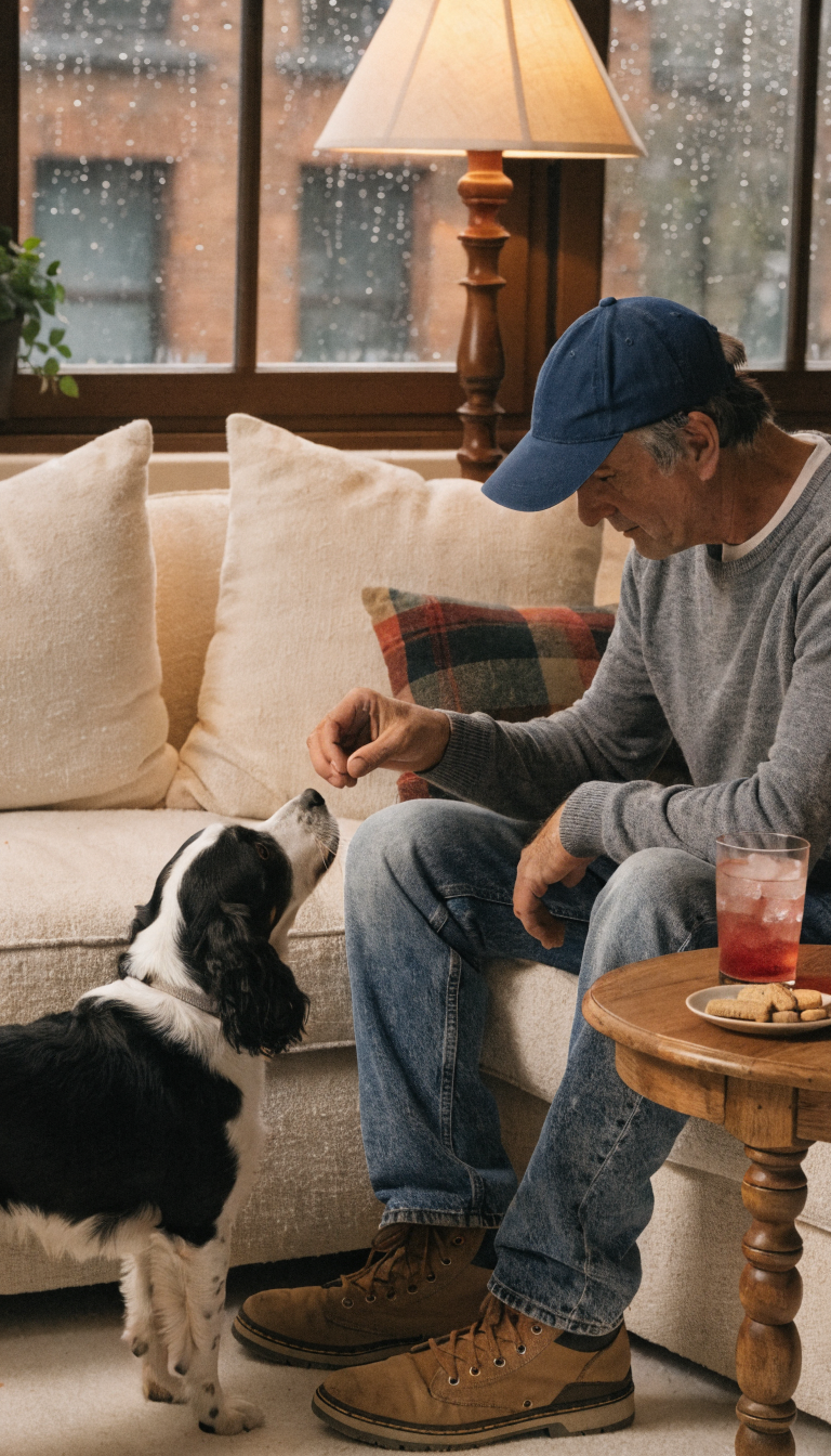 "Owner rewarding quiet dog after trigger exposure, cozy living room"
