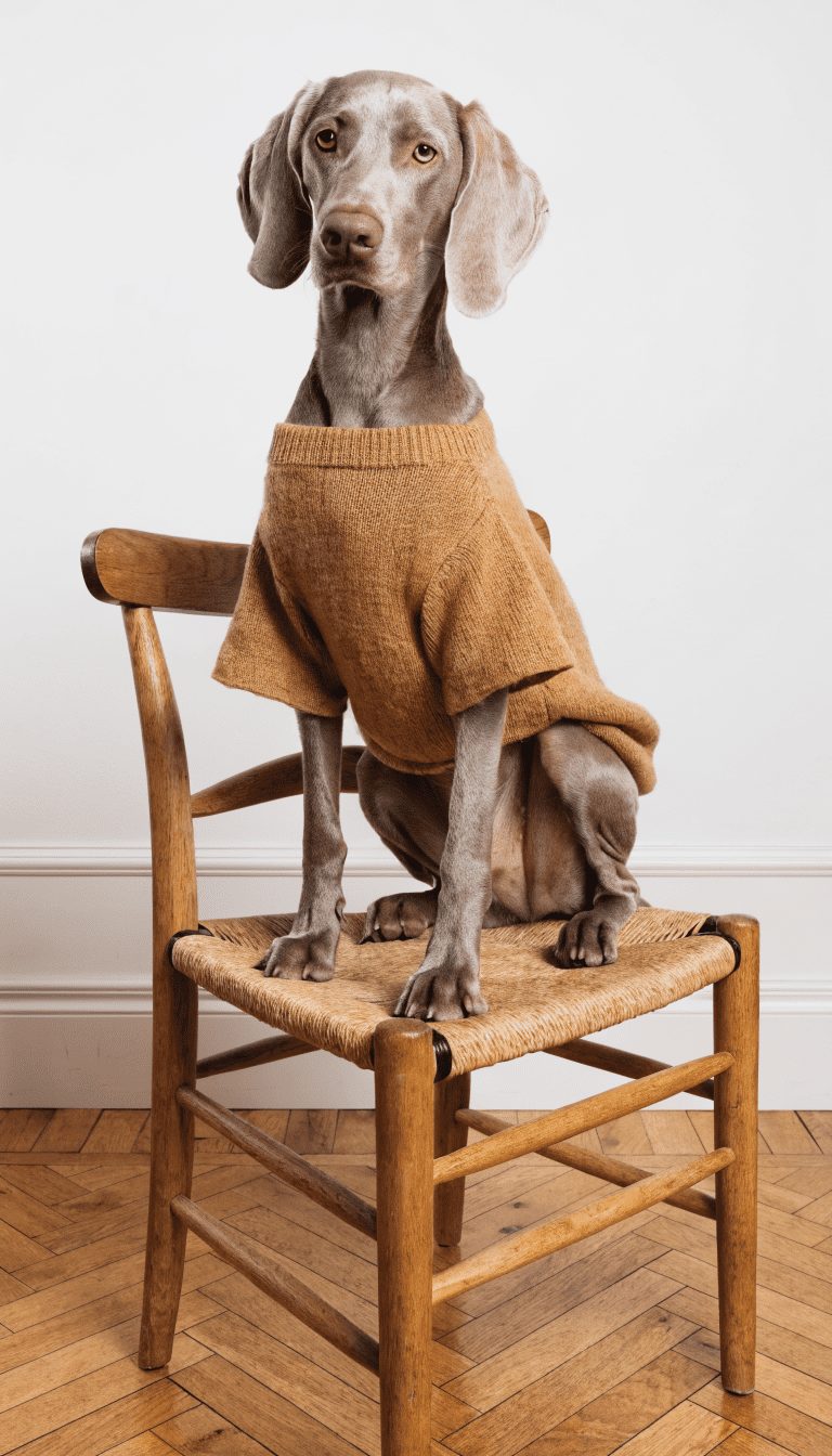 "dog wearing cozy T-shirt pullover, simple indoor studio"