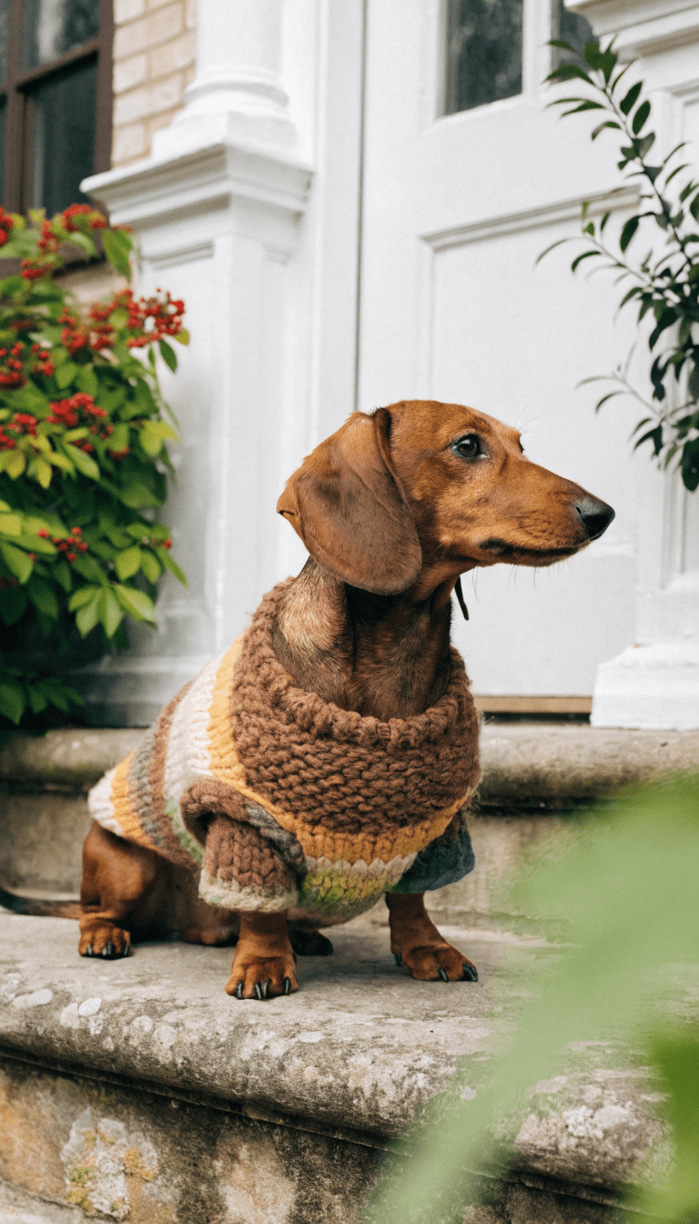 "no-sew sock sweater on dachshund, soft natural light"