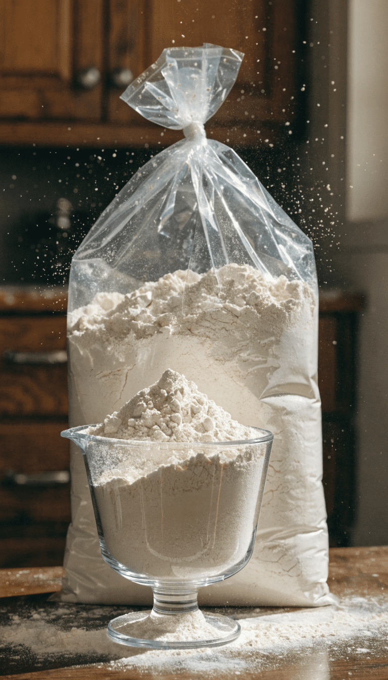 "all-purpose flour bag and measuring cup on kitchen counter"