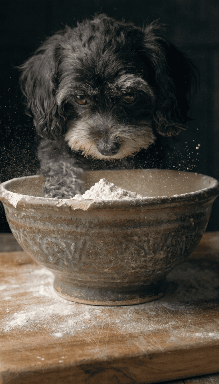 "tiny dog sniffing flour dust in bowl"