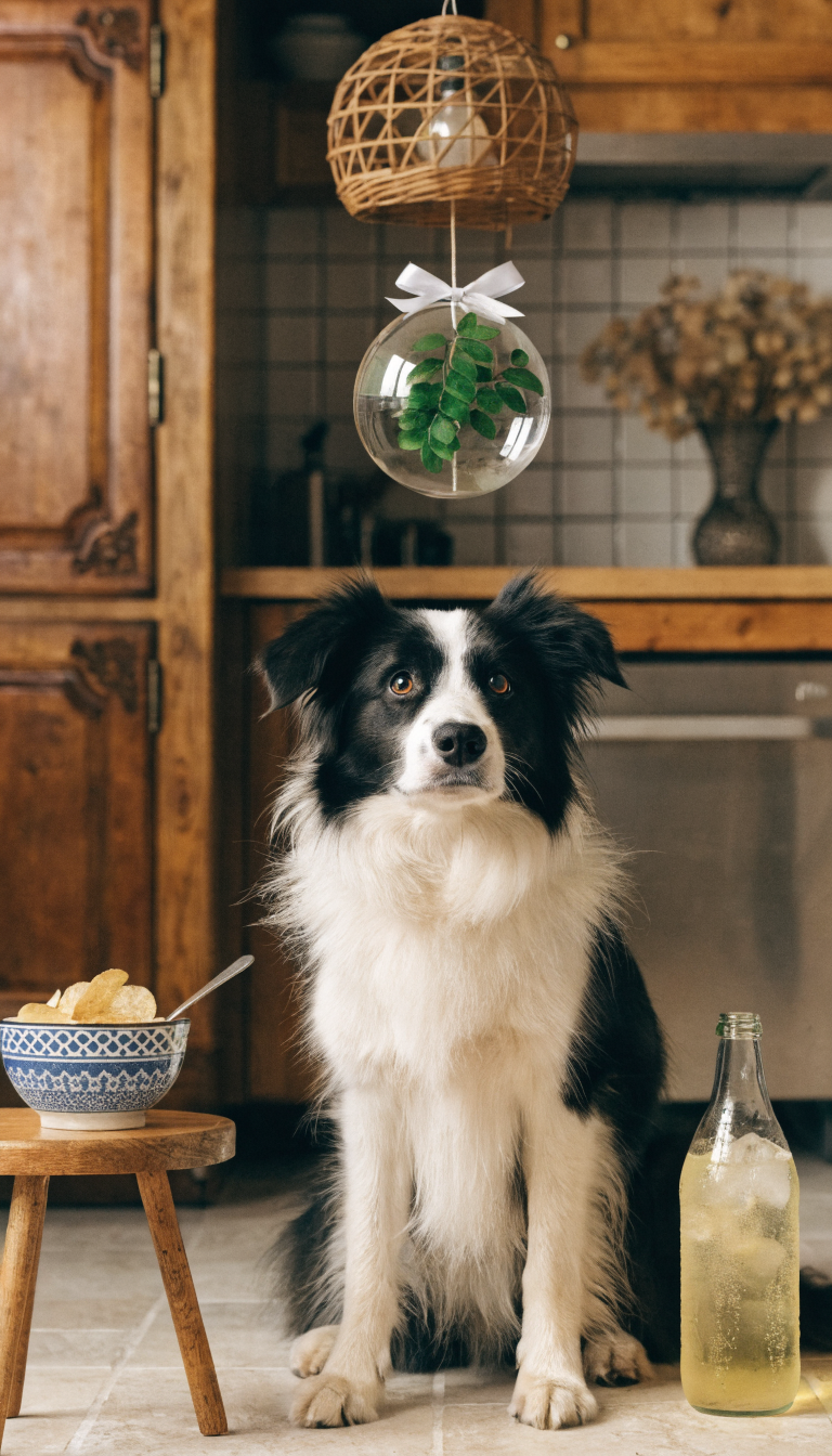 "fed-up dog with gluten-free sign in kitchen"