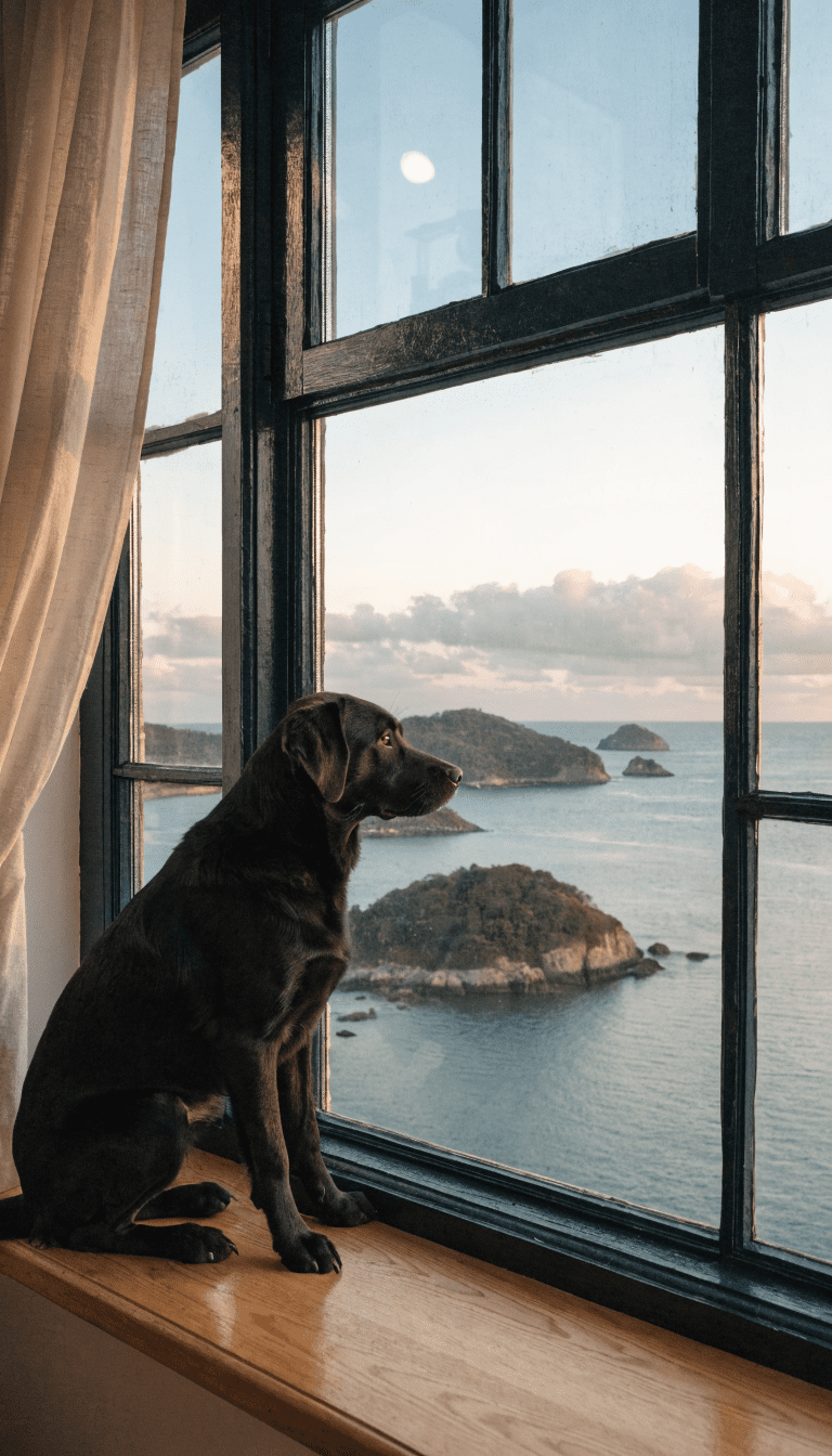 lonely dog staring out window, calm dusk backdrop