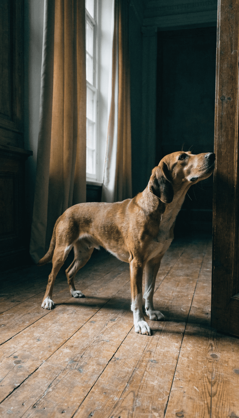 dog with paw on door frame, empty room, candid mood shot