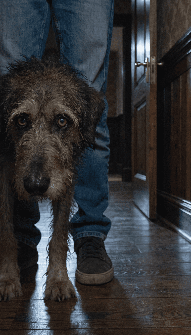 dog close to feet, close-up, shadowy home hallway