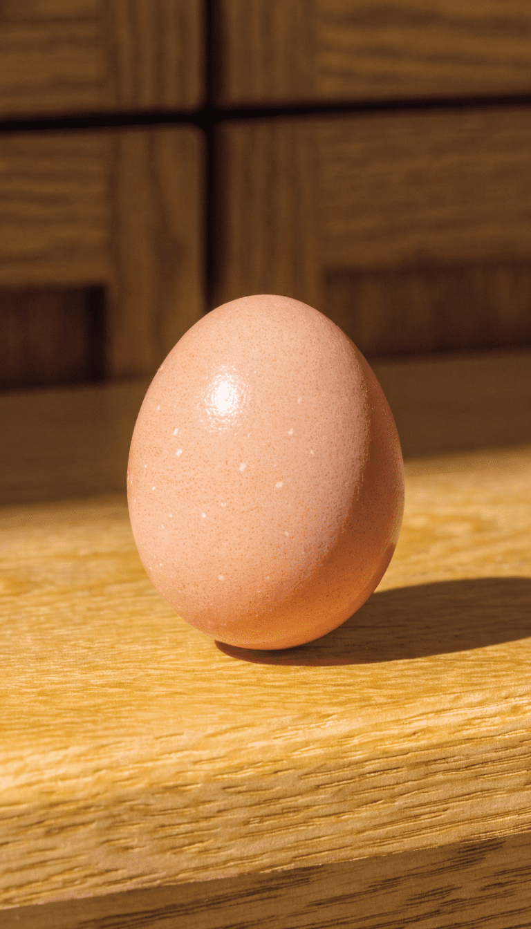 "egg in shell on clean wooden surface"