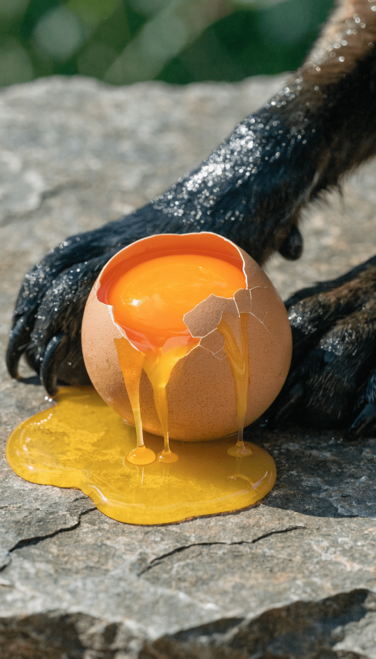 "fresh egg, cracked shell, dog paw curiosity"