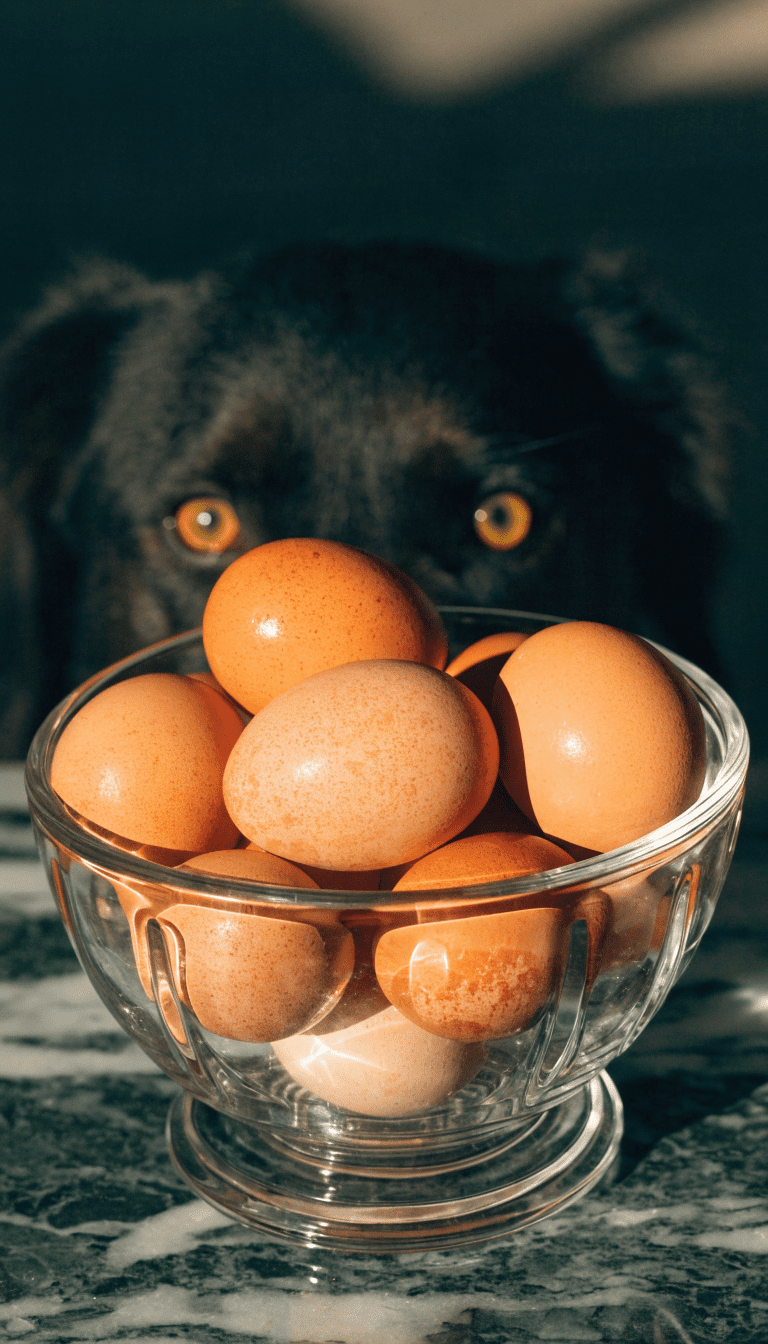 "bowl of raw eggs, watchful dog eyes"