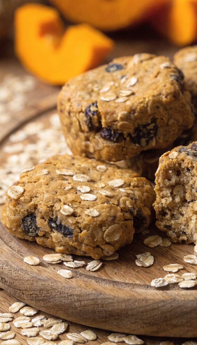 "Pumpkin oat dog treats on wooden board"