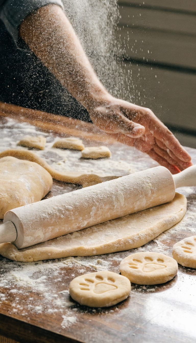 "Close-up: dough being rolled for dog treats"