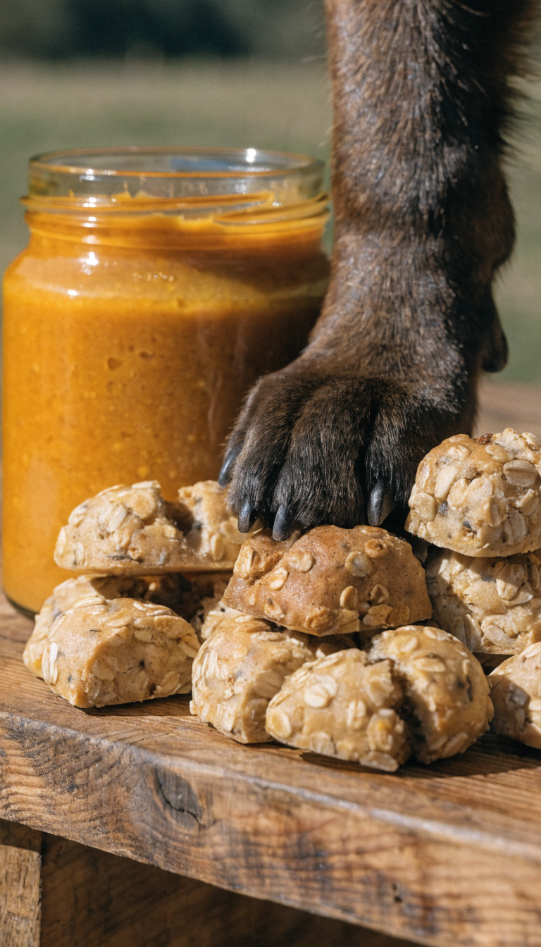 "Dog paw with treats and pumpkin puree jar"