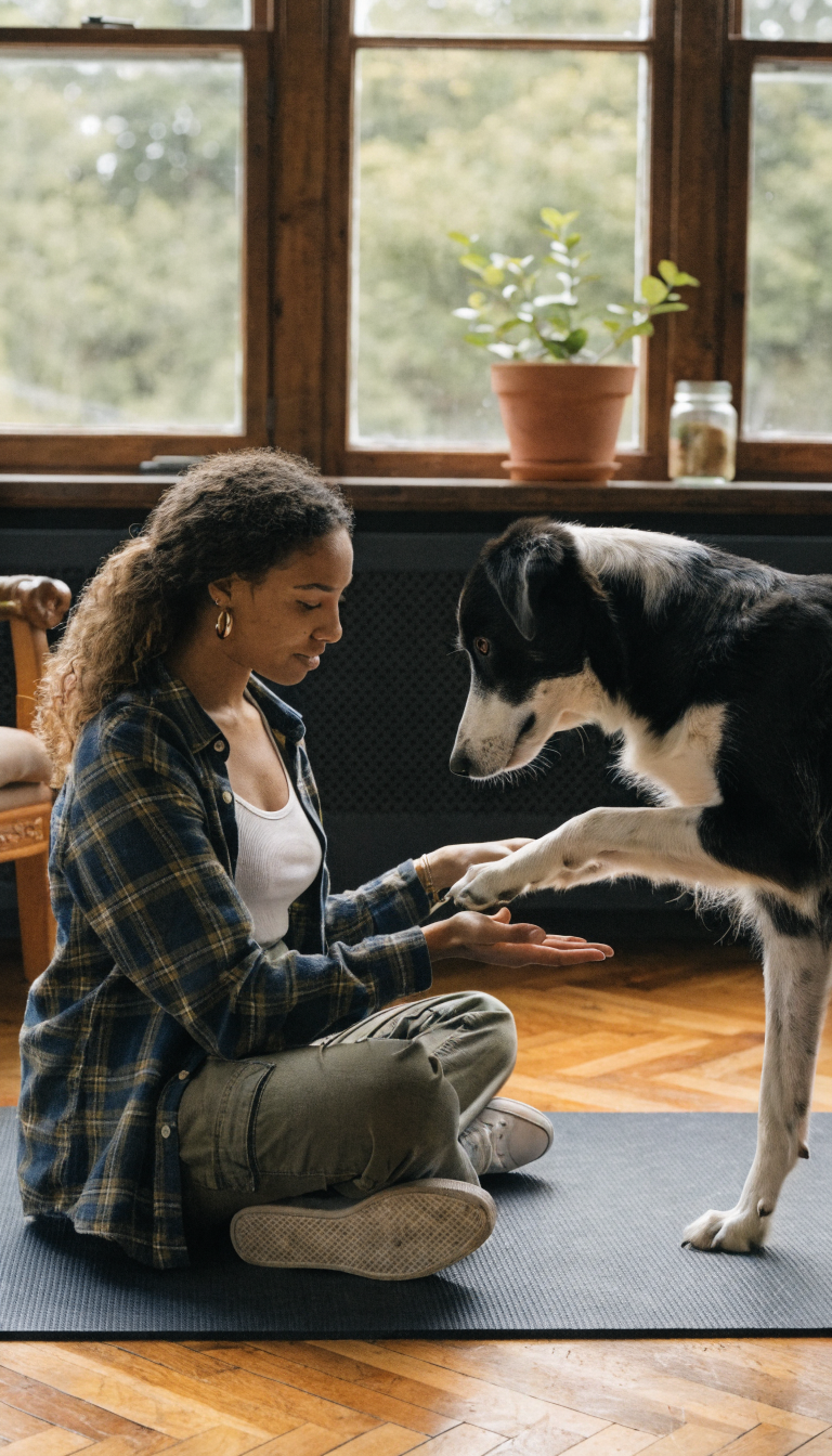 "Calm trainer guiding dog on mat, soft light"