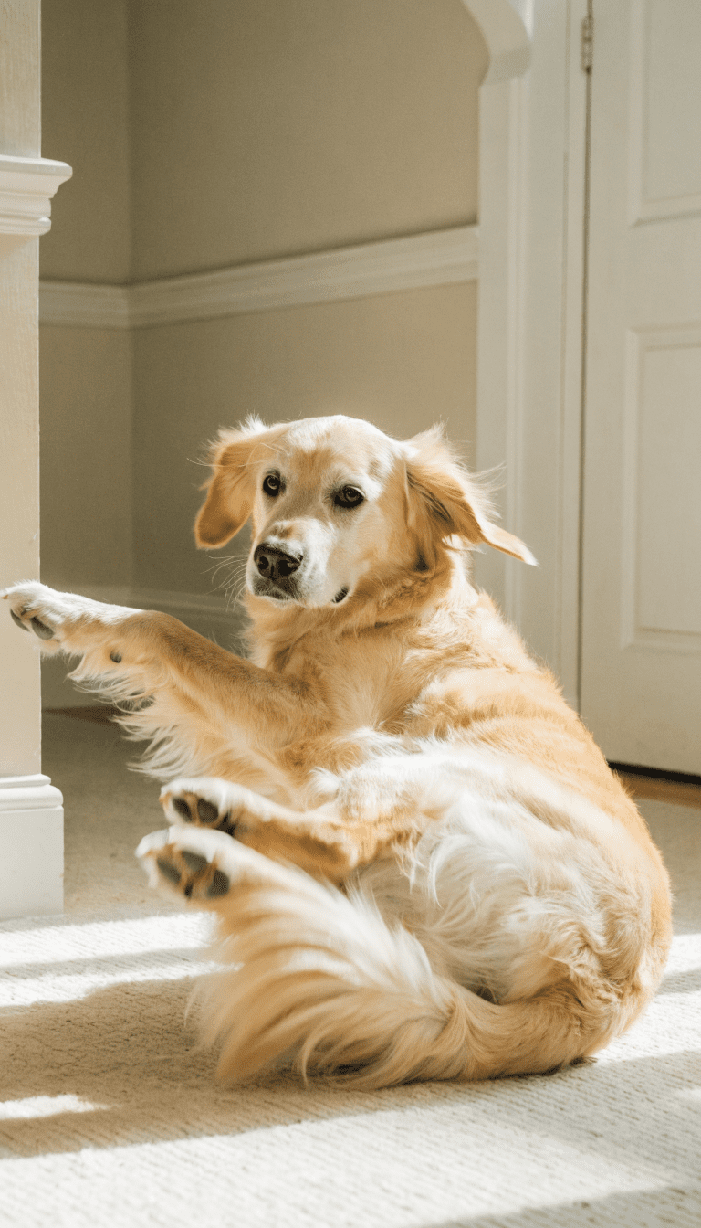 "Golden retriever rollover mid-move on clean rug"