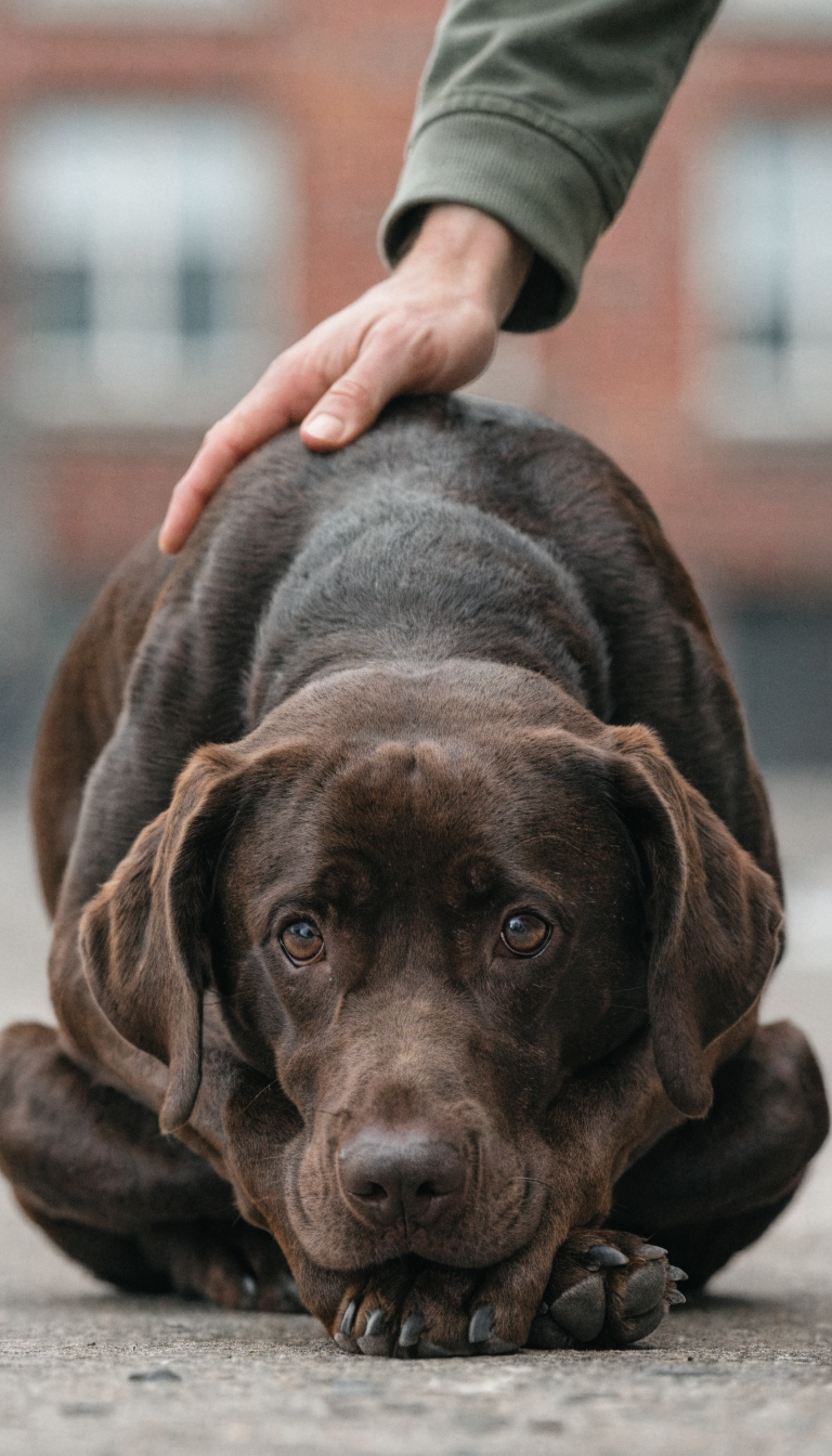 "Close-up of calm dog, trainer's hand guiding roll"