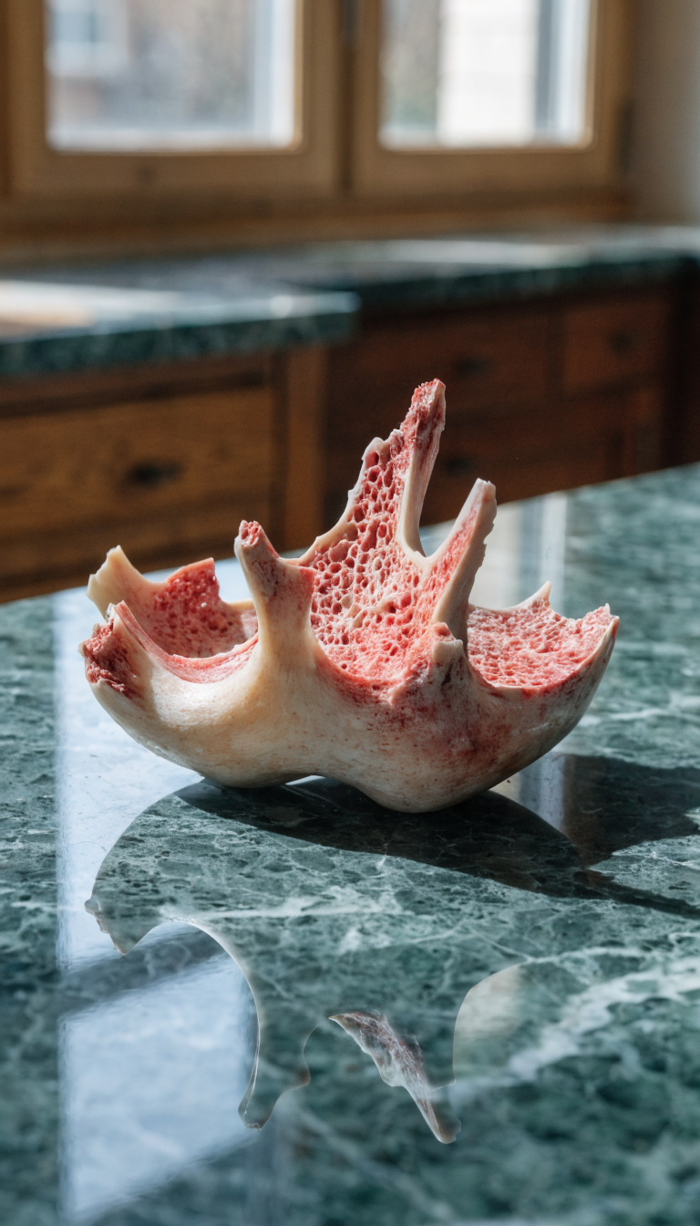 "bone with splinters on kitchen countertop, handseye level"