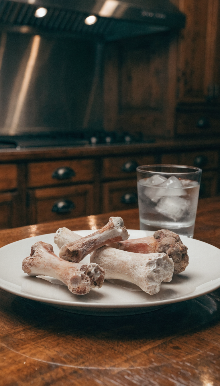 "chef’s table setup: bones? broken bone fragments on white plate"