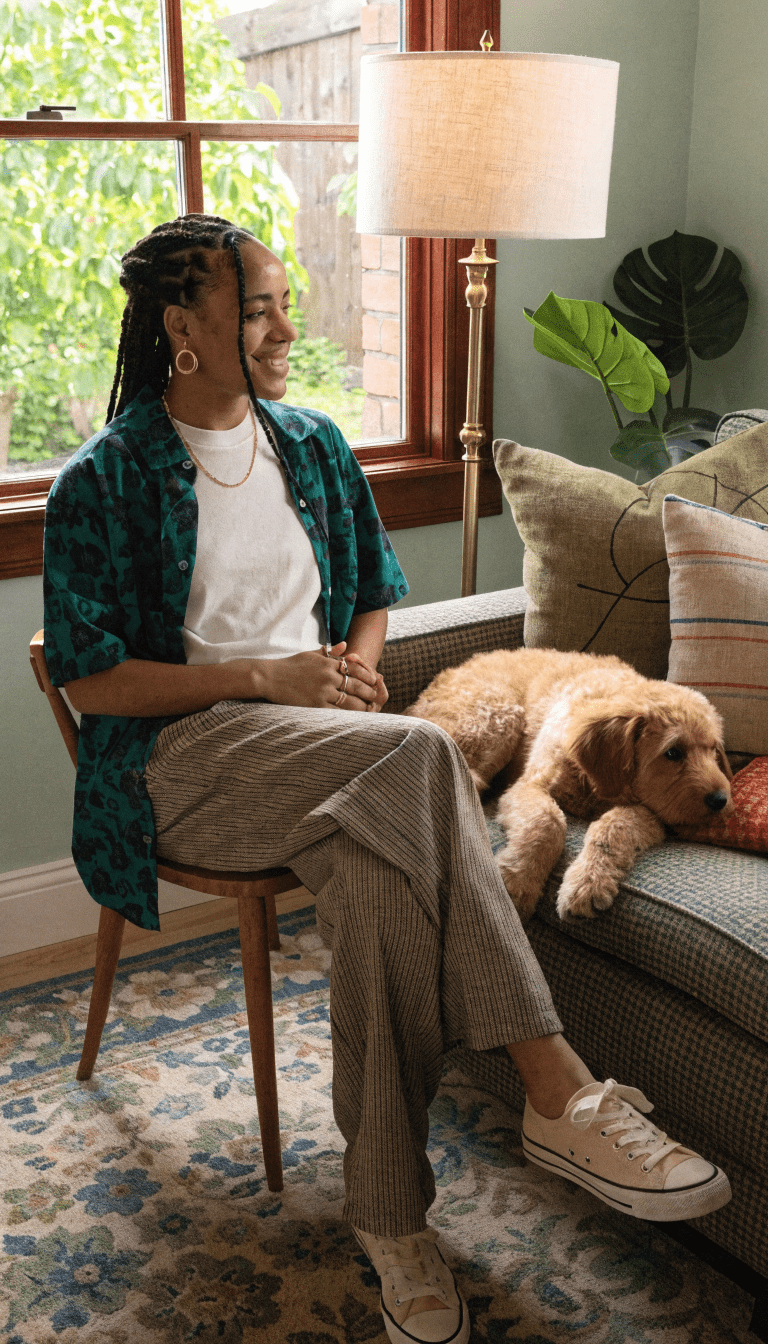 "Happy puppy resting mouth-free, owner smiling"