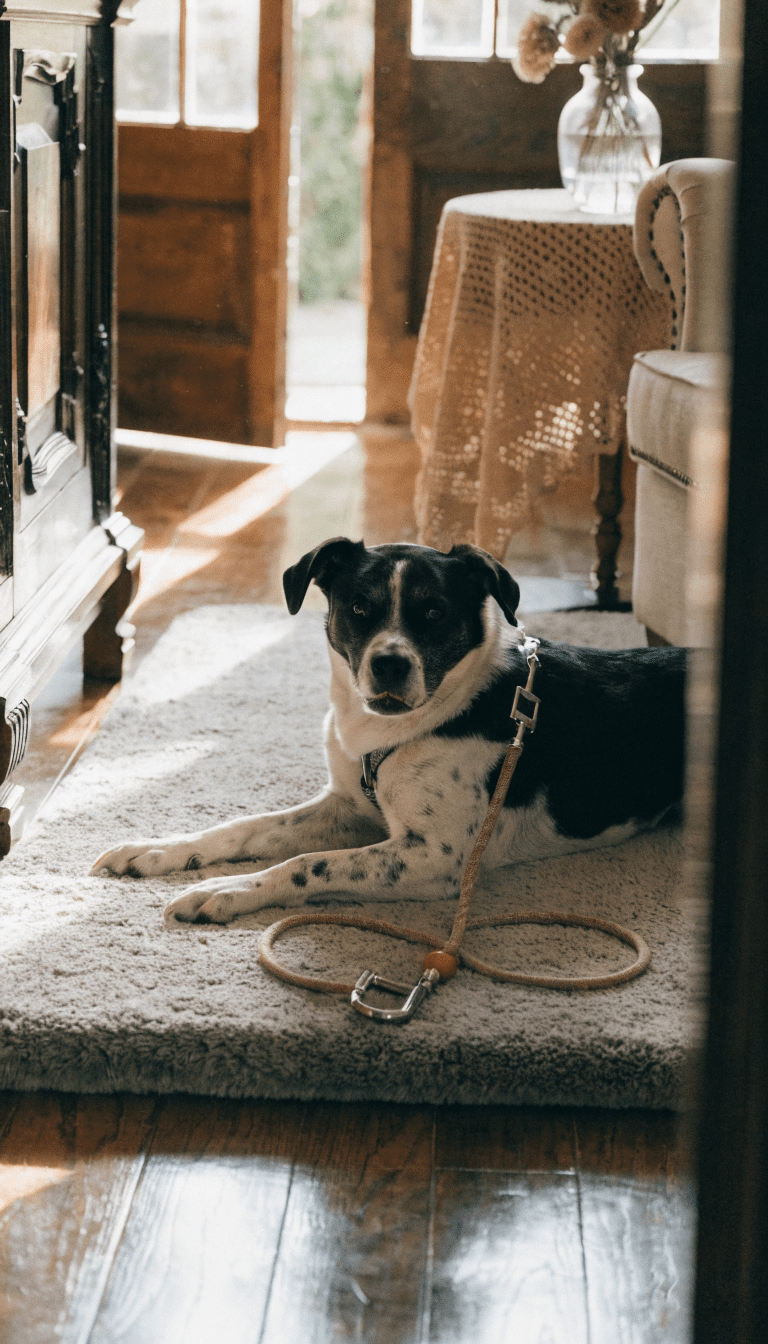 "senior dog on soft mat with gentle leash"
