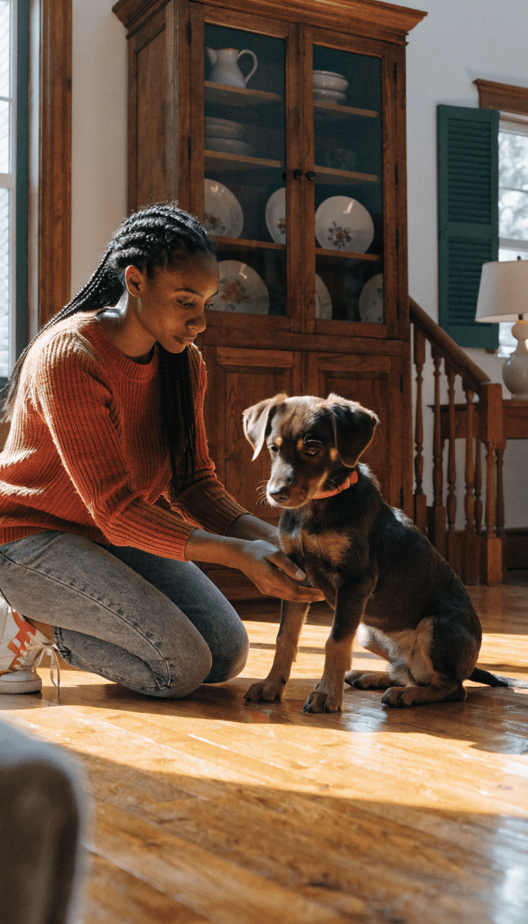 "Bright living room, trainer guiding quiet puppy redirect"