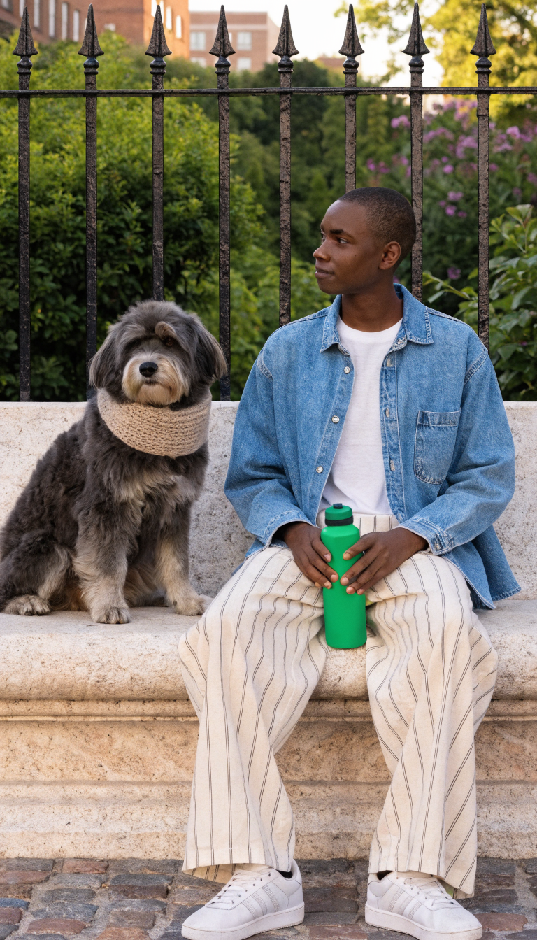 "rest breaks banner: calm sitter with dog"