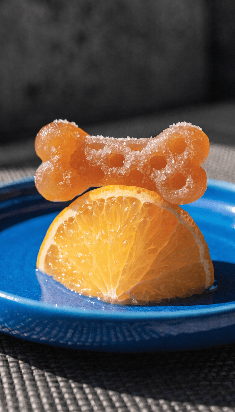 "orange slice on blue plate with dog-friendly treat"