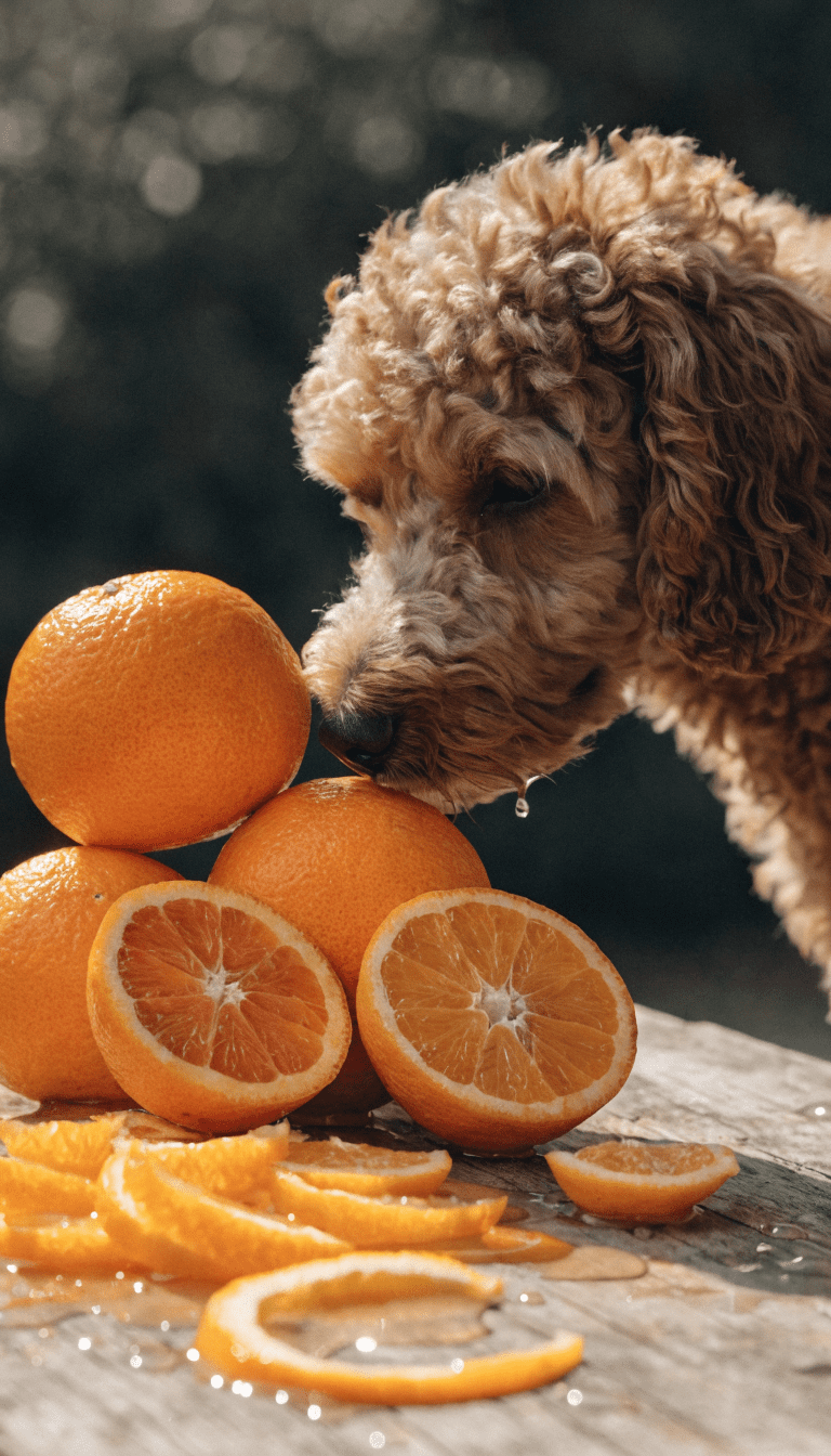 "close-up of orange zest and dog sniffing fruit"