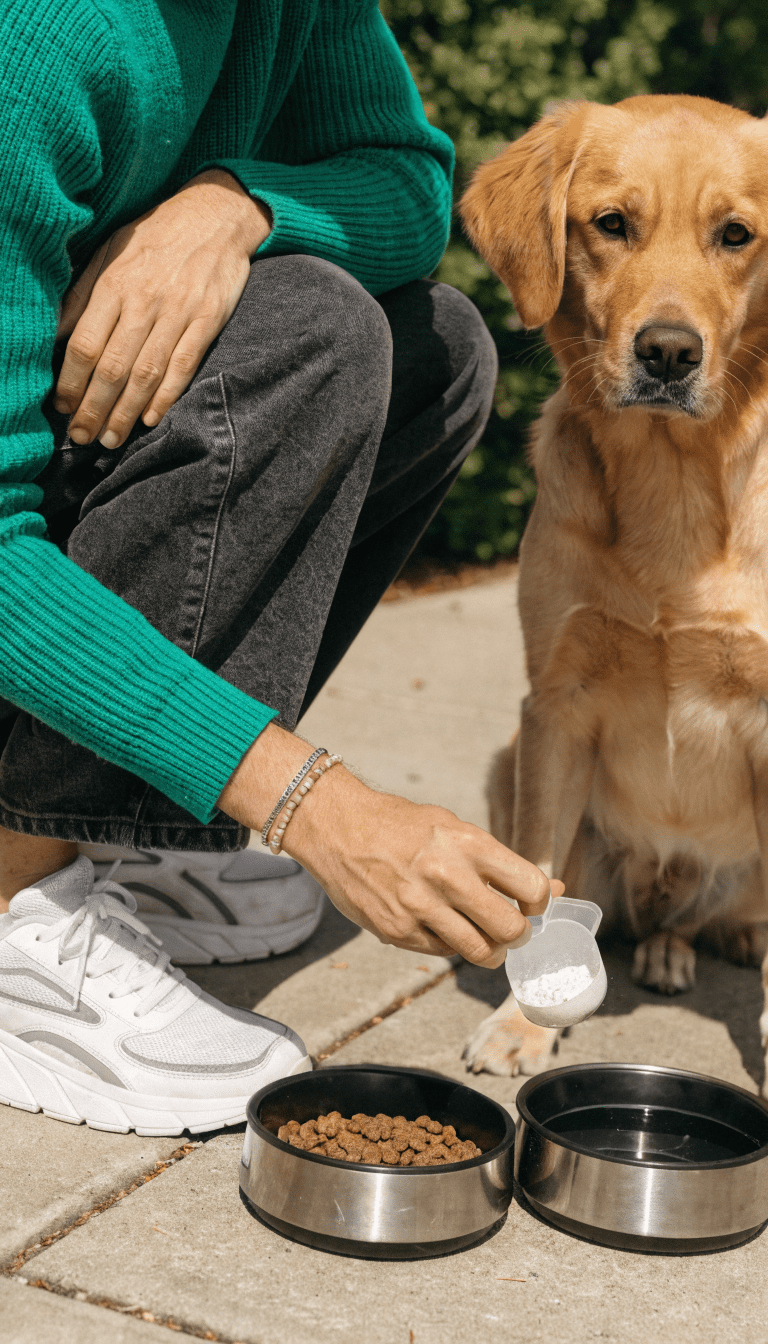 "dog owner measuring supplement scoop beside bowls"